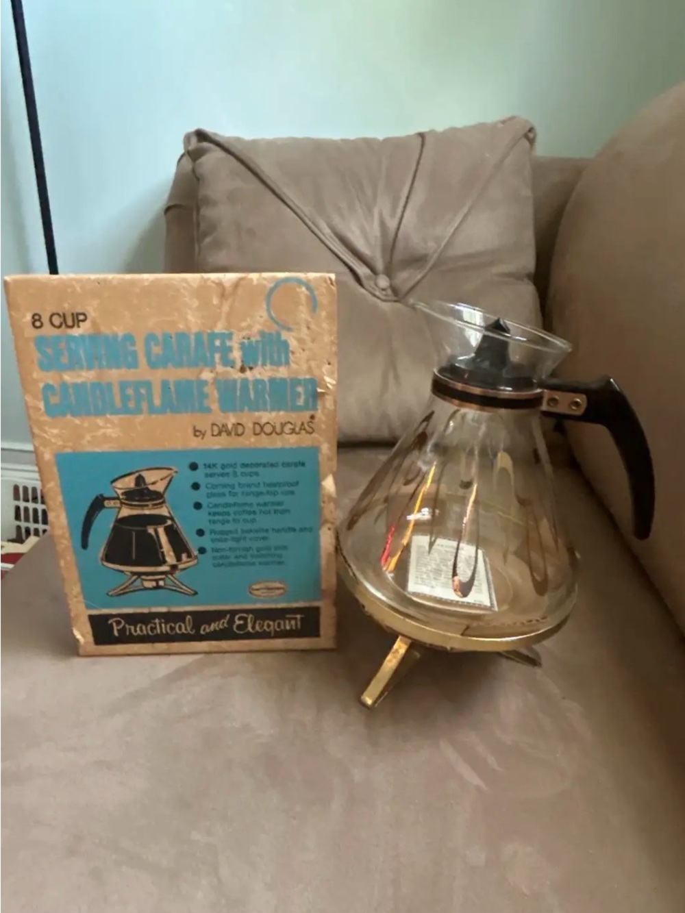 Vintage David Douglas 8-cup glass carafe with candleflame warmer